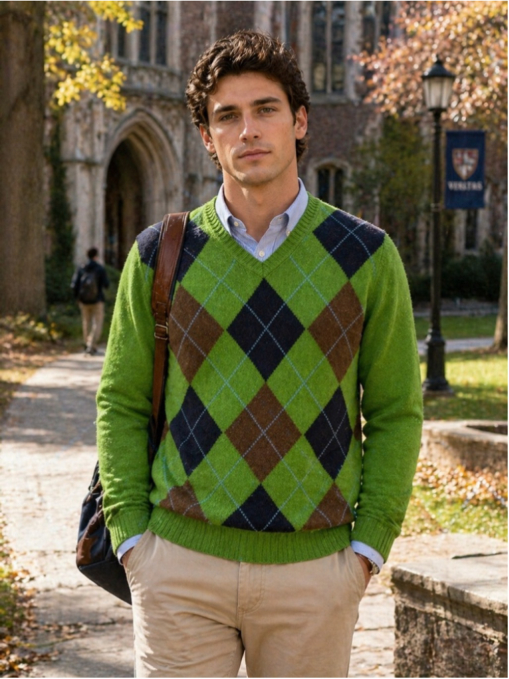 J Crew Sweater Men’s M VTG 90’s Lambswool Argyle V Neck Preppy Academia Green